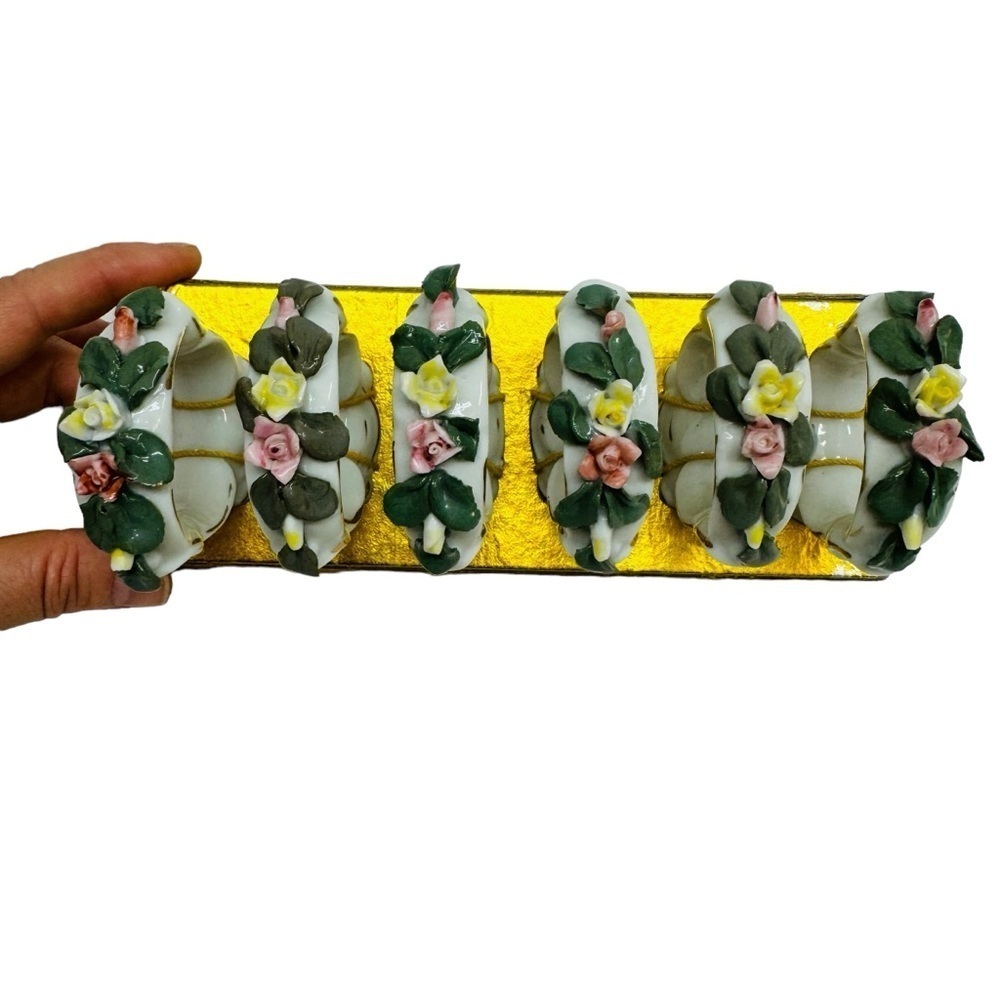 Original Arnart Creation Japan 6 Napkin Rings Holders Floral Porcelain Ceramic - Picture 8 of 13